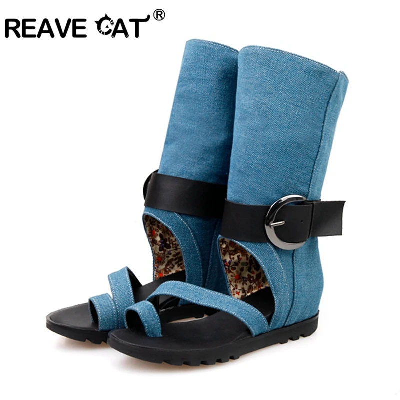 

REAVE CAT Denim Blue Gladiator Sandals Womens Summer Toe Ring Hidden Heels Jeans Sandals Female Buckle Rome Vintage Shoes Black