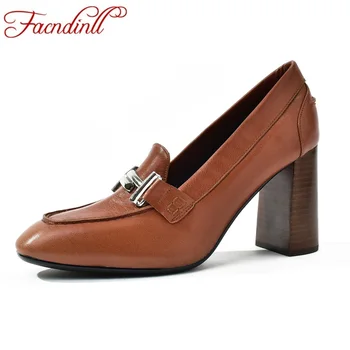 

FACNDINLL brand genuine leather women pumps shoes sexy high heels square toe woman spring summer dress party office ladies shoes