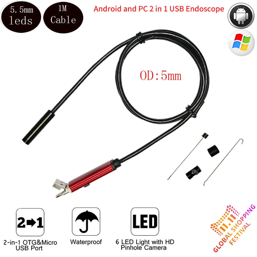 

2IN1 PC USB Endoscope Android Camera 5.5mm 1M 2M 5M Lens IP67 Waterproof Pipe Borescope Endoscoop Camera Snake Tube Inspection
