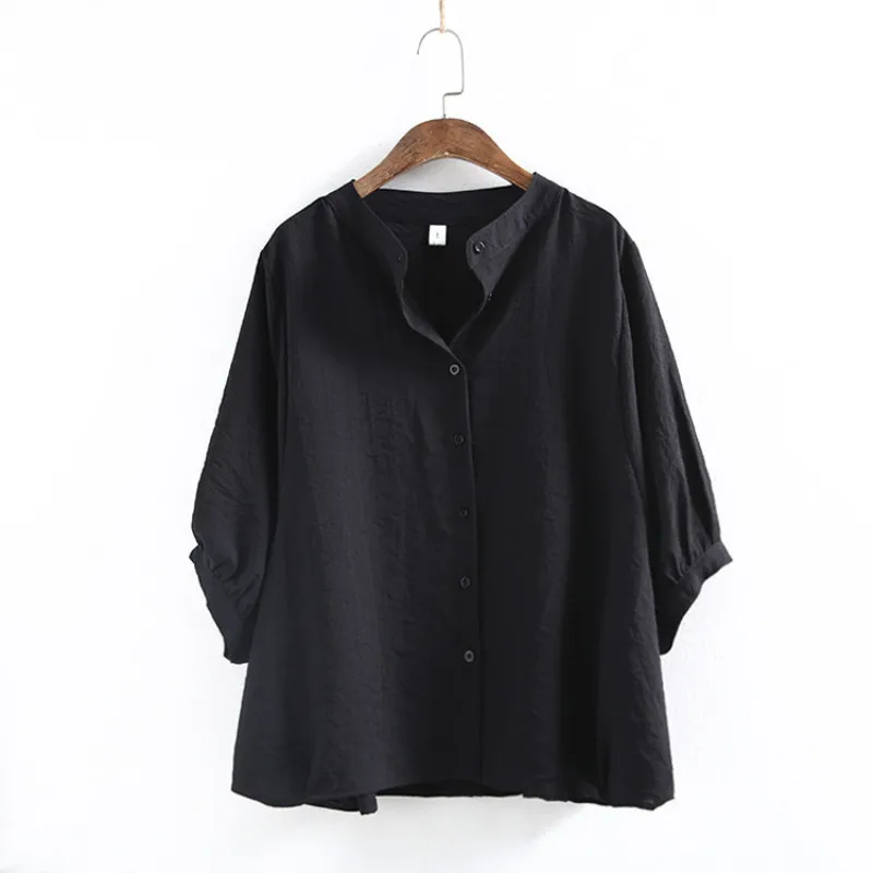 

Johnature Bat Sleeve Women Shirts Japan Style Black White 2019 Spring New Blouses Cotton Linen Loose Half Sleeve Casual Shirts