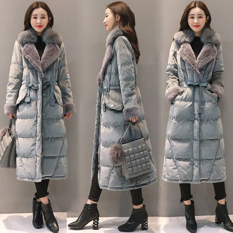 2018 Winter Women White Duck Down Jacket Suit Collar Fox Fur Collar Gold Velvet Thick Coat Female Slim Warm Long Outwear O815
