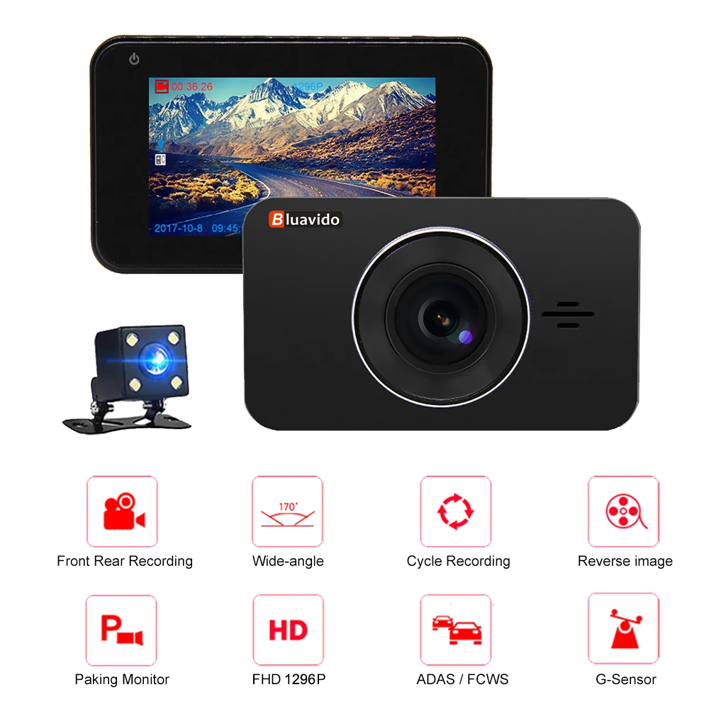 Bluavido 3 дюймовый видеорегистратор с двумя камерами FHD 1080P Автомобильный ADAS камера
