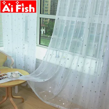 

Korean White Bronzing Stars Tulle Window Treatments Sheer Kitchen Panels Balconies Floating Curtain For Living Room AP234-40