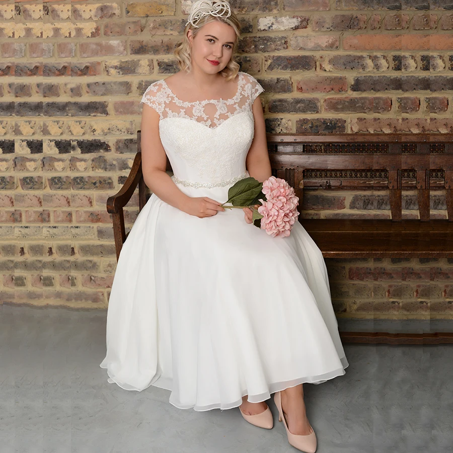 

Custom Plus Size Robe De Mariage Wedding Dresses Cap Sleeve Applique Chiffon Bridal Gown Backless Ankle Length Wedding Dress