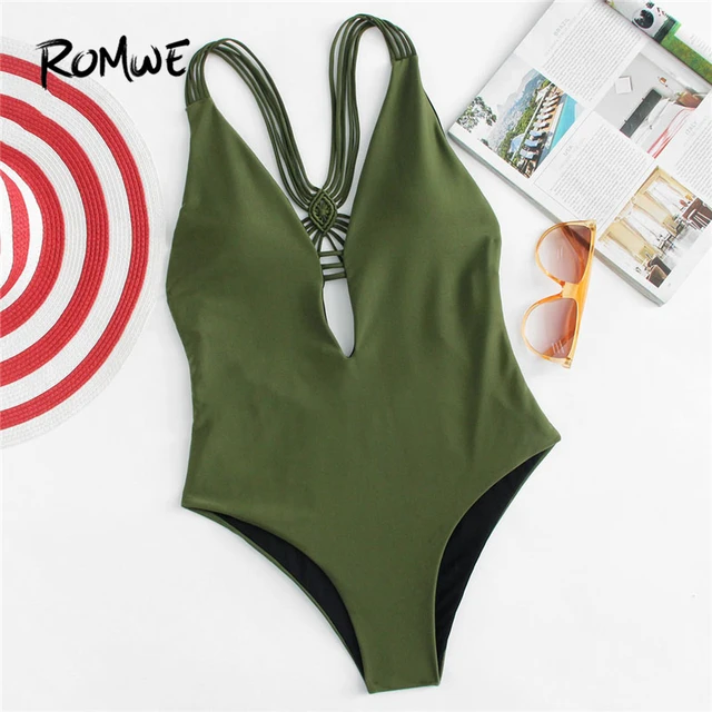 {Excellent|Wonderfull|Very Good|Very Recommended} Romwe Sport Army Green Backless Plain Swimsuit Women Sexy One Pieces With Chest Pad 2018 Summer New Slim Bathing Monokinis Best Price