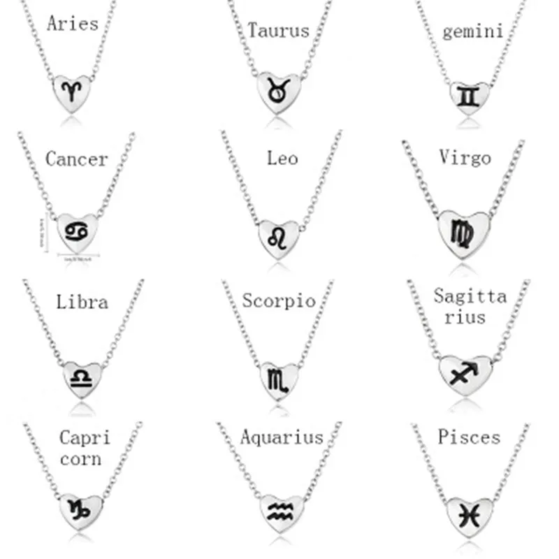 

12 Zodiac Signs Constellation Simple Necklace Heart-shaped Pendant Birthday Charm Clavicle Chain Hand Stamped Necklace For Women