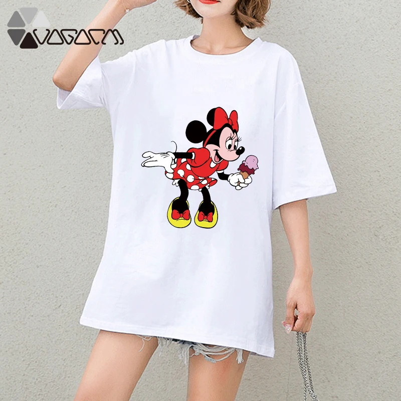 

New Summer Clothes Women Minnie Mickey Mouse Print Tops Tee Short Sleeve White Loose Cartoon Plus Size T Shirts Casual Girl 2019