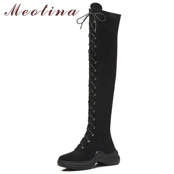 

Meotina Winter Over The Knee Boots Women Genuine Leather Flat Platform Thigh High Boots Kid Suede Zipper Shoes Ladies Fall 34-39