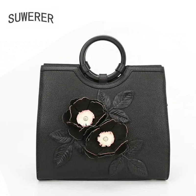 

SUWERER 2018 New Women Genuine Leather bags Handmade Flowers tote women handbags Fashion designer women leather handbag