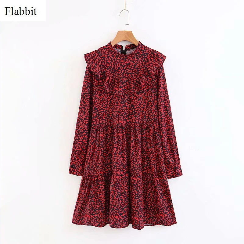 

Flabbit women vintage o neck red leopard print ruffles mini dress lady vestidos long sleeve brand party straight dresses DS266
