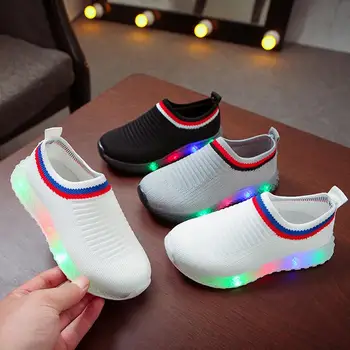 

Children's boys shoe and girls flying woven mesh breathable Led luminous running shoes bright shoes socks shoe bebek ayakkabı A1