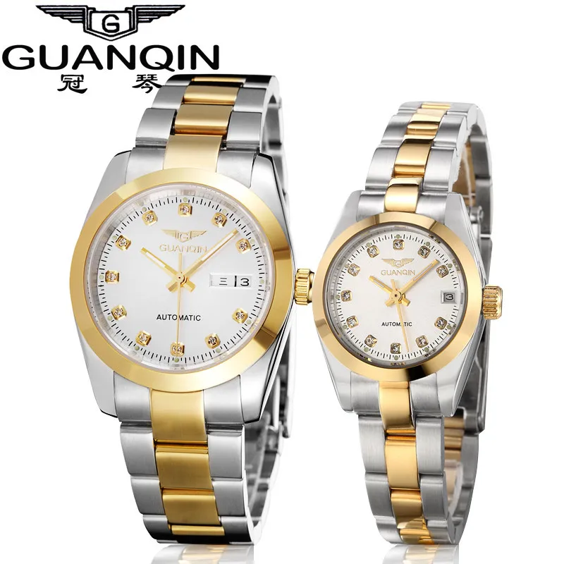GUANQIN Gold Couple Watch Men Women Mechanical Watch Luminous Calendar Week Waterproof Rhinestones Automatic Lovers Watches (3)