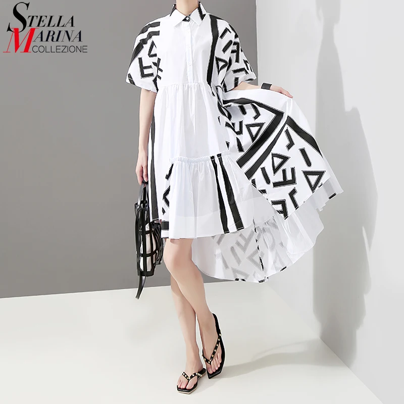 

2019 Korean Style Women Summer Stylish White Shirt Dress Geometric Print Lady Plus Size Casual Runway Midi Dress Cute Robe 5114
