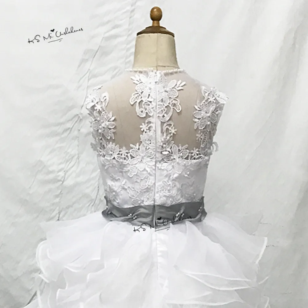 Vestido de Daminha/бальное платье белого и серого цвета для первого причастия, платья для девочек с оборками, кружевное платье с цветочным узором для девочек детское Пышное Платье с жемчужинами
