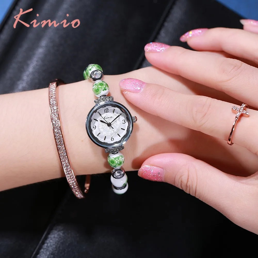 KIMIO Retro Really Chinese Ceramic Watch Blue And White Porcelain China Auspicious Pattern Bracelets Women Watches Luxury Brand