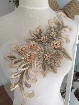 

5 pieces Exquisite Rhinestone Beaded 3D Lace Applique in Gold Pink Red , Bridal Gown Wedding Dress Applique , Embroidered Lace