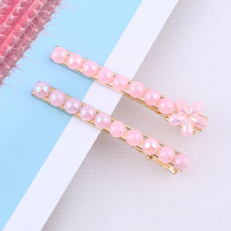 2pcs/set Pearl Flower Hair Clips Alligator Duckbill Long Hairpins Barrettes Candy Rainbow Color Hair Accessories for Women Girls - Цвет: Flower-Pink