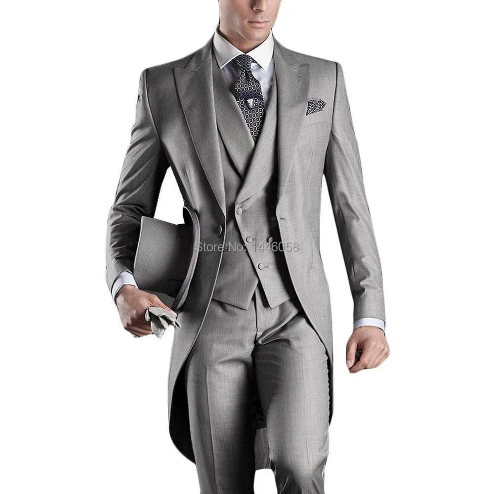 Best Selling 2016 Custom Mens Suits Italian Tailcoat Gray Wedding Suits