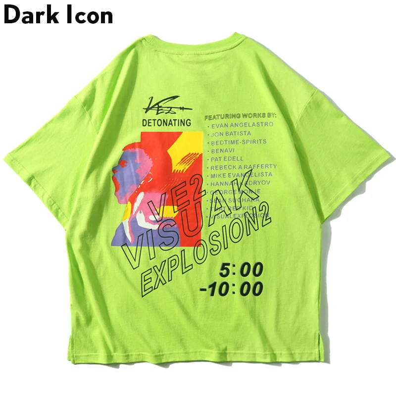 Cena Ciemna ikona boczne rozcięcie fluorescencyjny zielony T shirt z torbą Hiphop Tshirt mężczyźni bawełniane koszulki Streetwear odzież