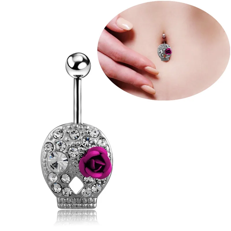 1PC High Quality Beauty and the Beast Rose skeleton umbilical Ring Rhinestone Navel & Bell Buttom Rings For Women medical steel