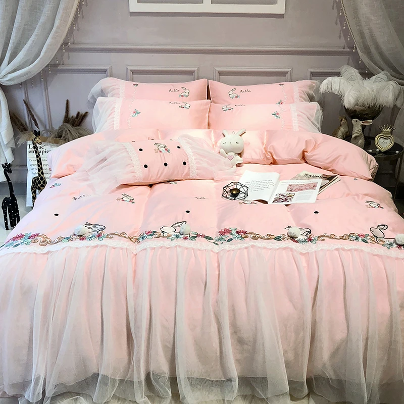 

Pink Girls Queen King size Bedding Set Egyptian Cotton Embroidery duvet cover Bed/Fitted sheet set couvre lit de luxe beddengoed