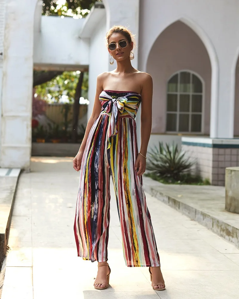 Elsvios сексуальный пляжный комбинезон в полоску Boho, летний женский комбинезон без рукавов с широкими штанинами, элегантный комбинезон с открытыми плечами и открытой спиной