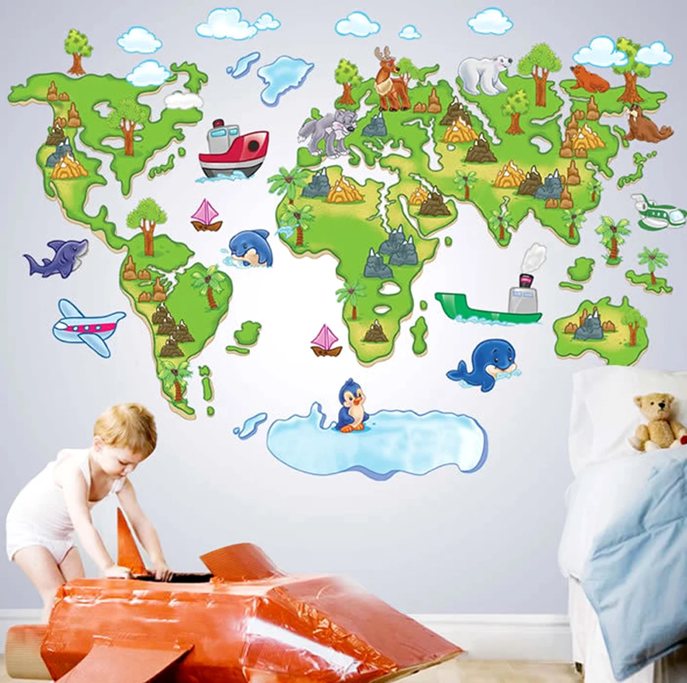 Креативная мультяшная карта мира в европейском стиле, сделай сам, съемные настенные наклейки, детская комната, детская комната, гостиная, домашний декор, наклейка на стену ABC1001