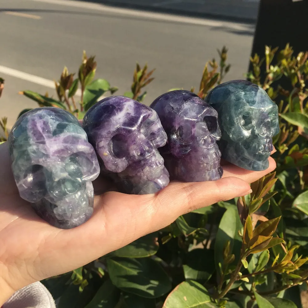 

1pcs Natural Colored Fluorite Handmade Skull Jade Skull Gemstone Carving Crystal Healing Reiki Home Decor Stone Crystal Craft