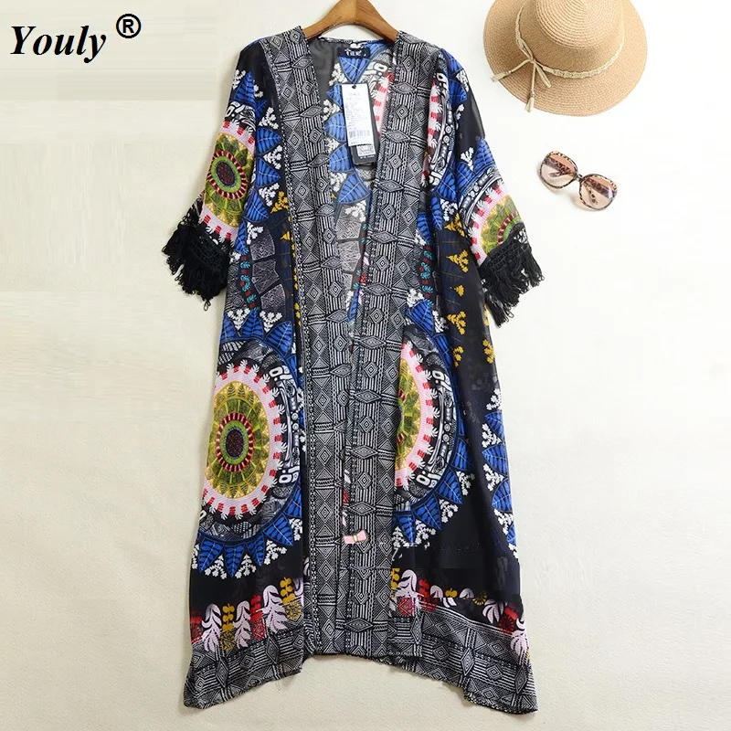 Vintage Tassel Sunscreen Long Blouse 2021 Women Hippie Boho Floral Printed Flower Blouses Ethnic Long Kimono Sexy Beach Cardigan