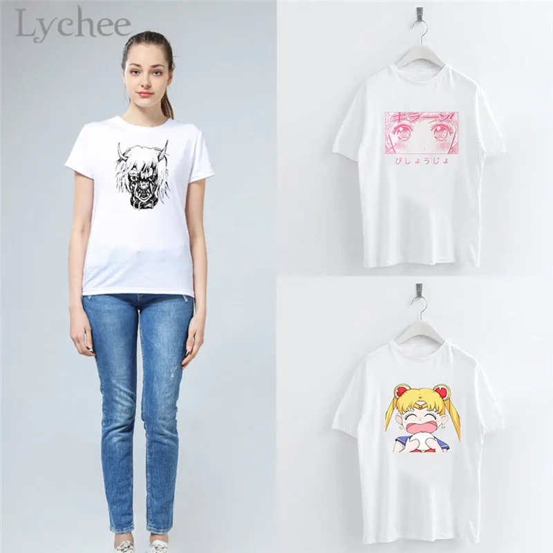 Lychee Harajuku Сейлор Мун мультфильм Печать Женская футболка повседневная с коротким рукавом o-образным вырезом белая футболка женский топ