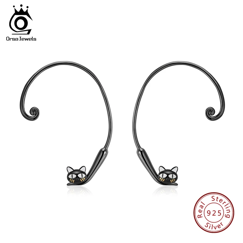 

ORSA JEWELS Solid 100% 925 Sterling Silver Girl Stud Earrings Cute Jumping Black Cat's Tail Can Adjust For Women Jewelry SE91