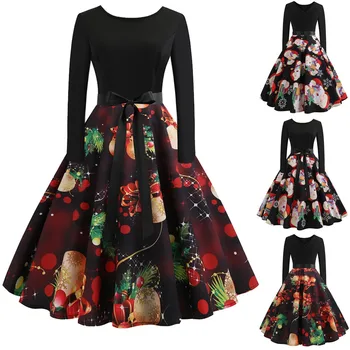 

Christmas Women's Long Sleeve soft and comfortable O Neck Printing Vintage Gown Evening Party Dress L50/0201