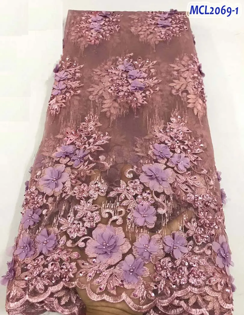 Buy Lilac beads luxury 3d lace fabric heavy beaded