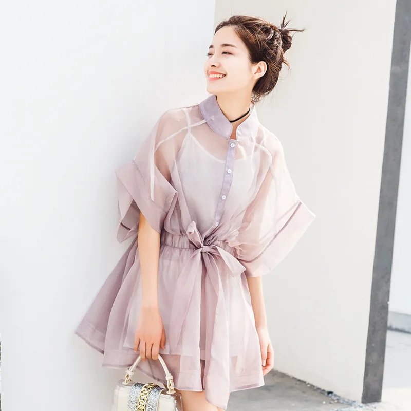 Light Purple Женское однотонное платье с рукавами г. весеннее и летнее новое платье из органзы из двух частей платье феи - Цвет: Light Purple