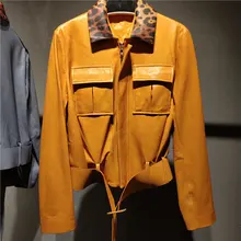 Ретро текстура Леопардовый узор воротник кожаный локомотив куртка Женский уличный стиль большие карманы кожаные куртки с поясом wq2431