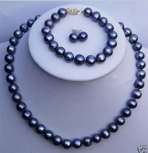 

Hot sale new Style >>>>7~8MM black real saltwater Pearl Earring bracelet necklace set