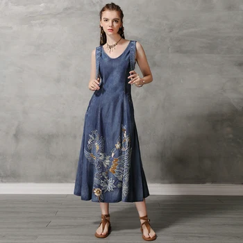 

Vintage Summer Tank Dress 2019 Cotton Women Denim Dresses O-Neck Sleeveless Vintage Embroidery Swing Hem Sundress 82168
