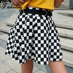 Fitshinling Шахматная высокой талией юбка женская одежда 2018 Модные линия тонкая короткая юбка женский плед черный белый saias Горячий