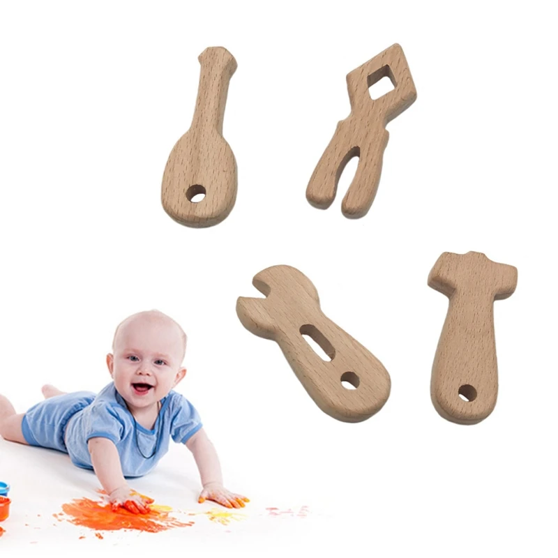 4 Pcs/Set Baby Teether Tool Shapes Teething Nursing Natural Wooden