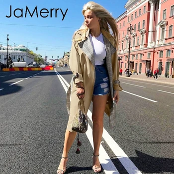 

JaMerry Vintage turn down collar stitching women trench coat Plaid autumn winter sash long outwear Belted pocket ladies overcoat