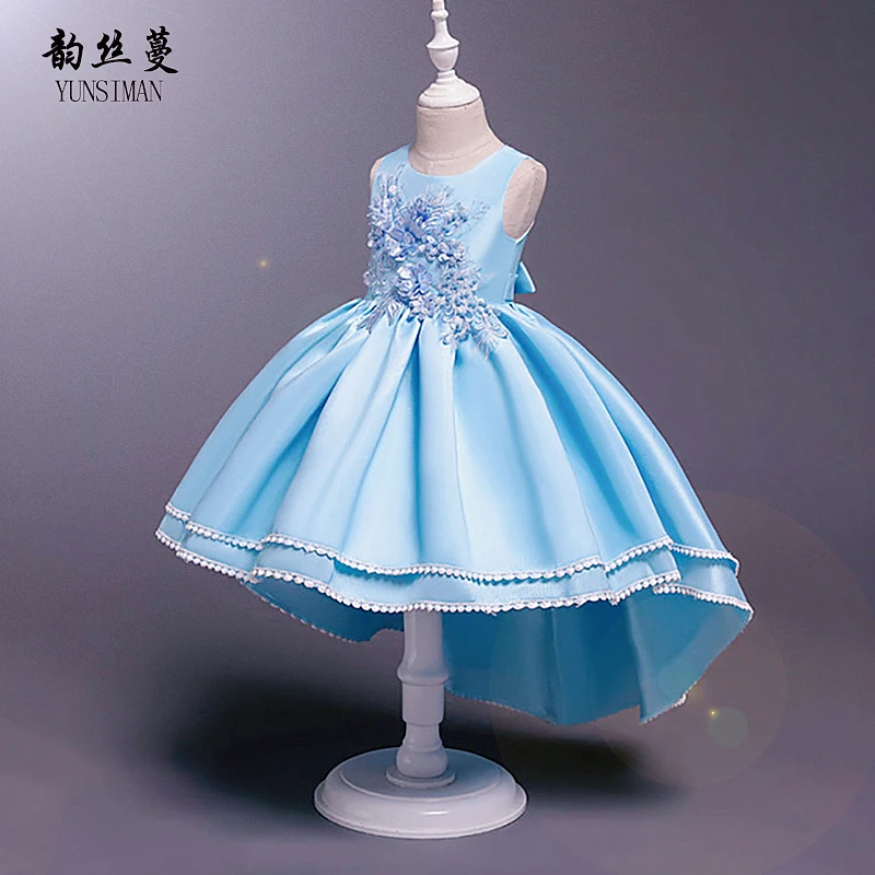 

Kids Tailed Dresses for Girls 3 - 12 Year Floral Flower Embroidery Champagne Sky Blue Girls Dress Children Princess Costume 3A1D
