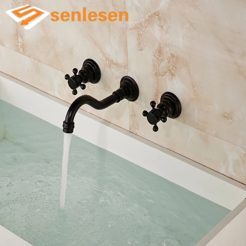 

Oil Rubbed Bronze Bathroom Basin Faucet Wall Mounted Faucet Spout Dual Cross Handles Mixer Tap