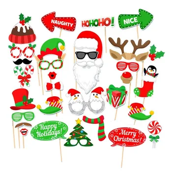

32 Pcs Cute Funny Christmas Xmas Party Santa Claus Elk Photo Booth Props Kit Toys Gifts Pose Sign Photobooth Card Accessories