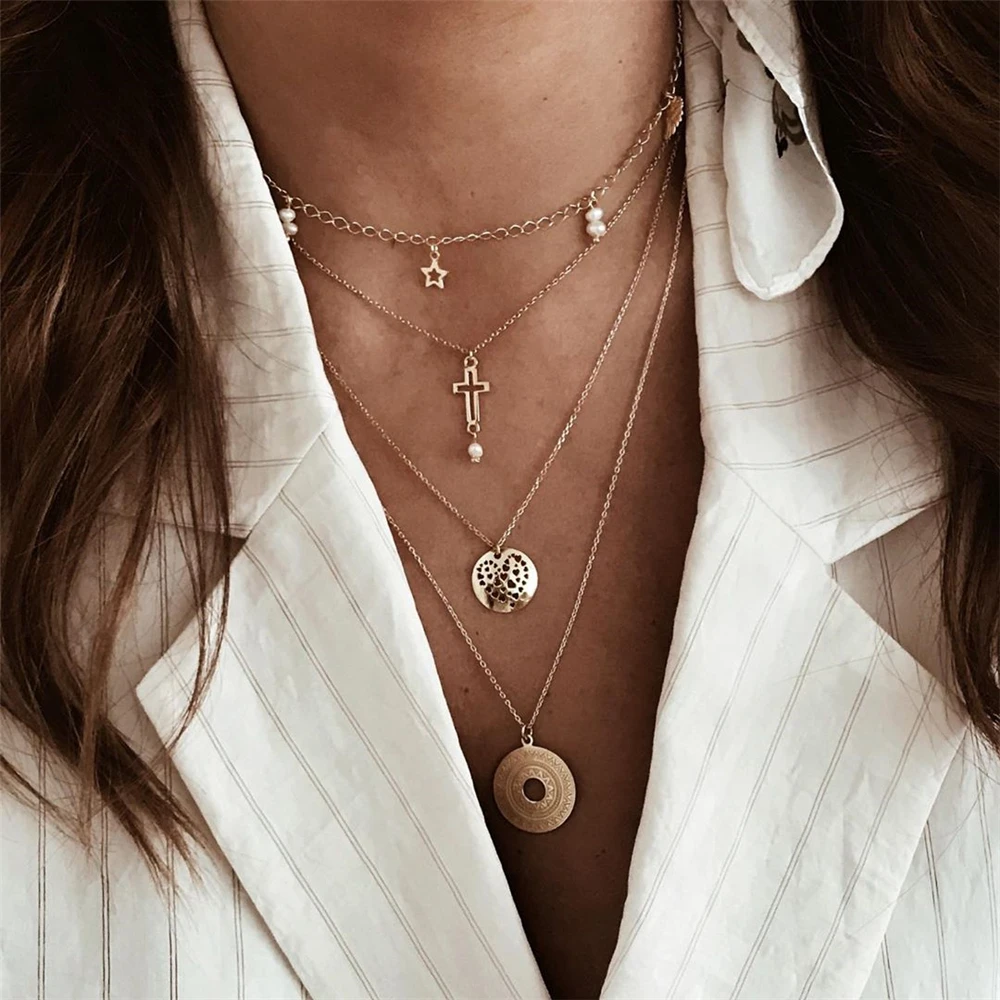 

New Multilayer Pattern Cross Beads Pendant Necklace for Women Long Chain Choker 2019 Collares Necklace Bohemian Wedding Jewelry