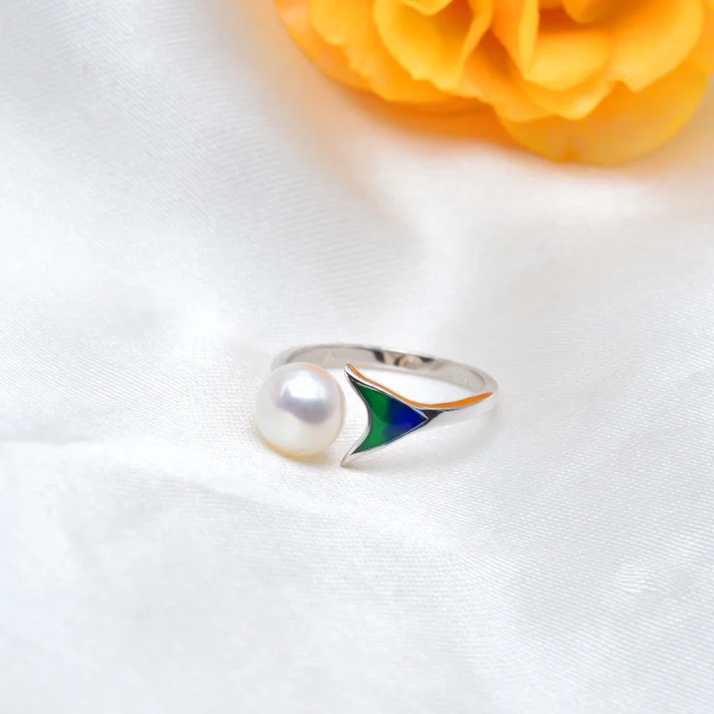 ASHIQI эмаль Русалка 925 пробы Серебряное кольцо 7-8 мм натуральный пресноводный жемчуг ювелирные изделия для женщин Открытый палец ювелирные изделия