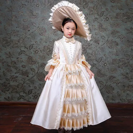 

Free ship children's girls medieval champagne princess gown with hat stage costume lace flower renaissance gown dress Halloween