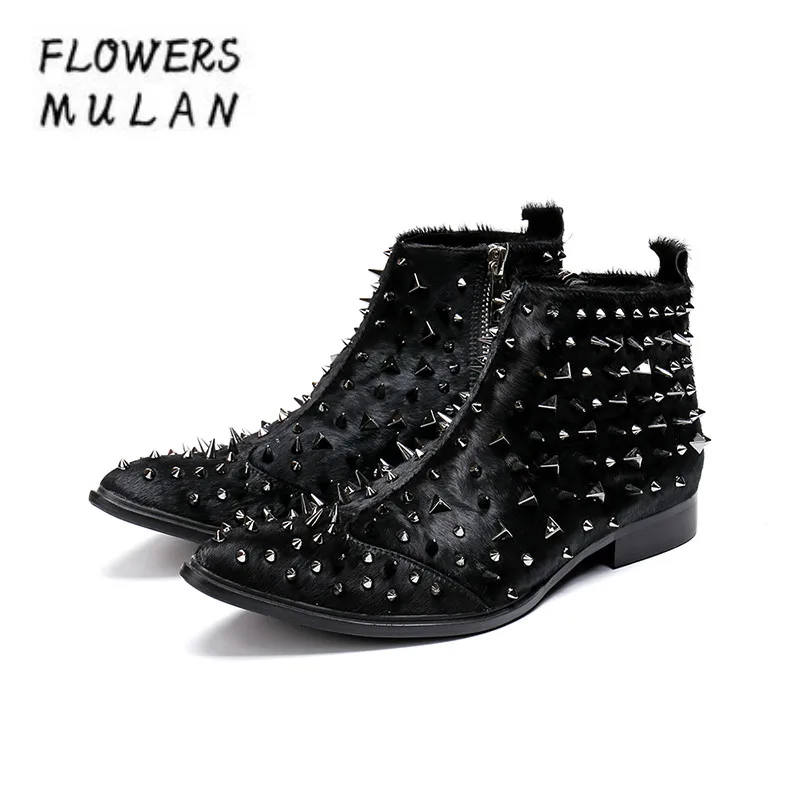 

2018 Winter New Designers Ankle Boots For Men Gentleman Cool Pointed Toe Side Zip Botas Middle Chunky Heel Man Studded Shoes