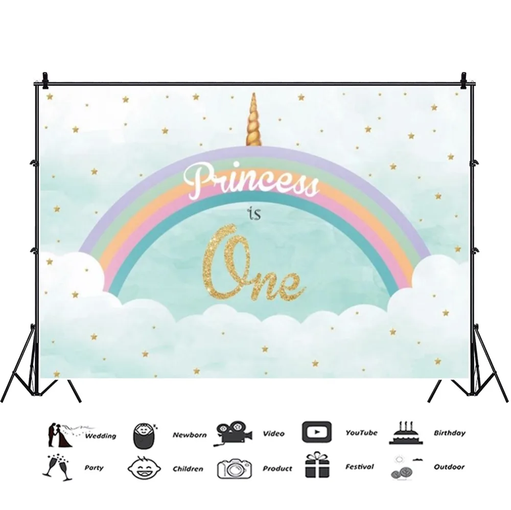 Laeacco Rainbow Birthday Backgrounds For Photography Baby 1st Unicorn Party Star Poster Photography Backdrops For Photo Studio