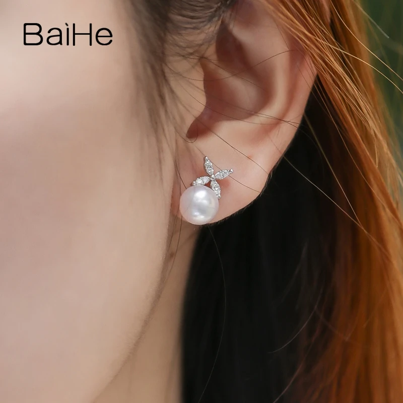 BAIHE Solid 14 K белое золото 8-8,5 мм круглый разрез подлинный пресноводный жемчуг свадебные модные ювелирные изделия Уникальные серьги-гвоздики