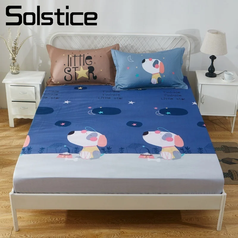 

Solstice Home Textile Cartoon Dog Puppy Blue Fitted Sheet Bed Mattress Cover 100% Cotton For Kid Boys Child Girl Teen Twin 1 Pcs